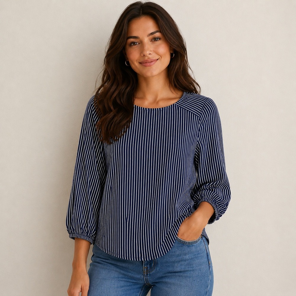 Adrianna Papell Navy Blue White Striped Balloon Sleeve Blouse Top AD1S3004F2 Lg